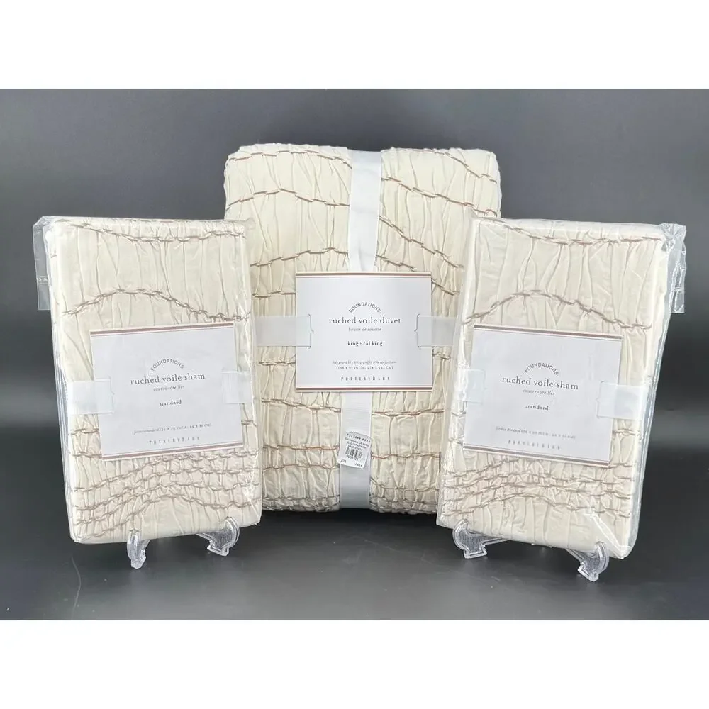 NEW Pottery Barn Ruched Voile King Cal King Duvet Cover w/ 2 Shams Ivory Cotton